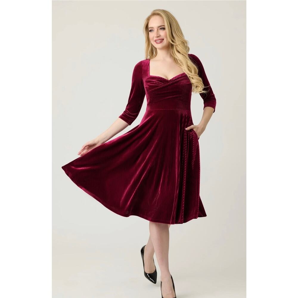 Unique Vintage Burgundy Velvet Fit-and-Flare Dress